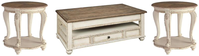 Ashley Furniture Realyn occasional table set featuring two modern tables with sleek wood and metal finishes.
