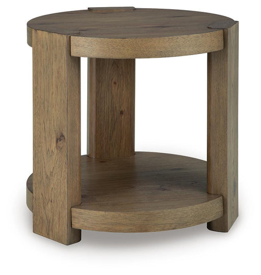 Ashley Furniture Flangren End Table with angled wood design and dark finish, showcasing a modern, stylish accent for living rooms.