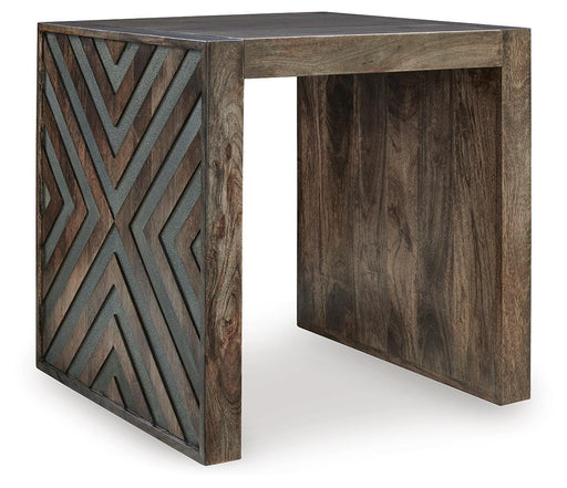 Ashley Furniture Dreggan end table with a sleek wooden top and tapered legs, shown from an angled side view.