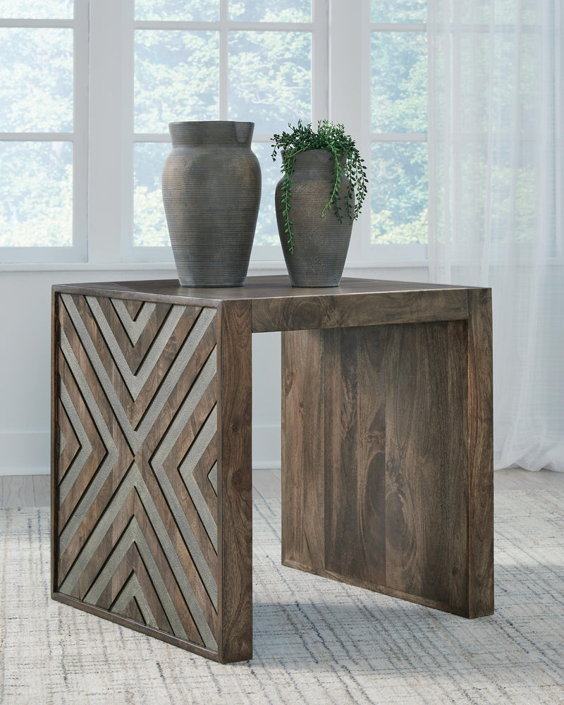 Ashley Furniture Dreggan End Table with dark wood finish and modern design, featuring a spacious top and sleek legs.