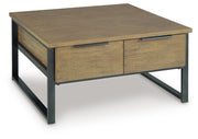 Ashley Furniture Montia lift-top coffee table with angled closed position, showcasing its sleek design and functional lift mechanism.