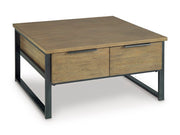 Ashley Furniture Montia Lift-Top Coffee Table with angled view, featuring a sleek lift-top design and modern cocktail table style.