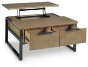 Ashley Furniture Montia Lift-Top Coffee Table with open lift-top showing spacious storage and sleek wood finish.