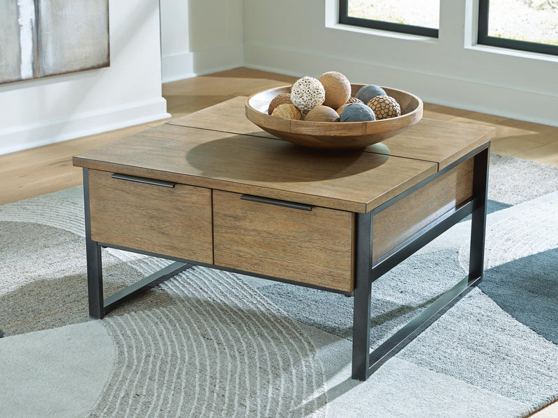 Ashley Furniture Montia lift-top coffee table with a sleek wooden finish and a functional lift-top design.