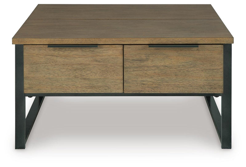 Ashley Furniture Montia lift-top coffee table with a sleek dark wood finish and a functional lift-top design.