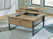 Ashley Furniture Montia Lift-Top Coffee Table with open lift-top showing storage space and modern design.