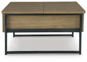 Montia Lift-Top Coffee Table by Ashley Furniture with a sleek lift-top design and storage space in a modern living room setting.