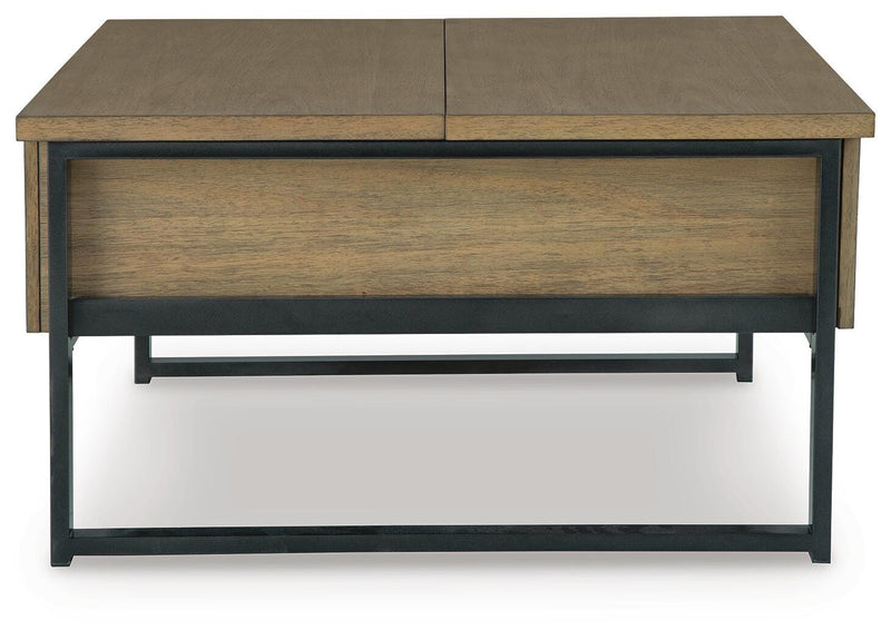 Montia Lift-Top Coffee Table by Ashley Furniture with a sleek lift-top design and storage space in a modern living room setting.