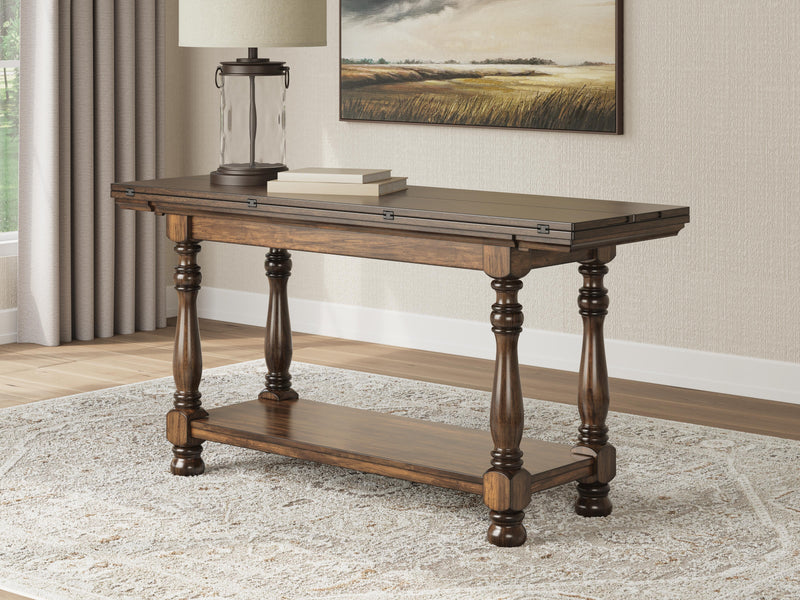 Ashley Furniture Sturlayne end table with a dark wood finish and sleek, modern design, featuring a spacious top and storage drawer.