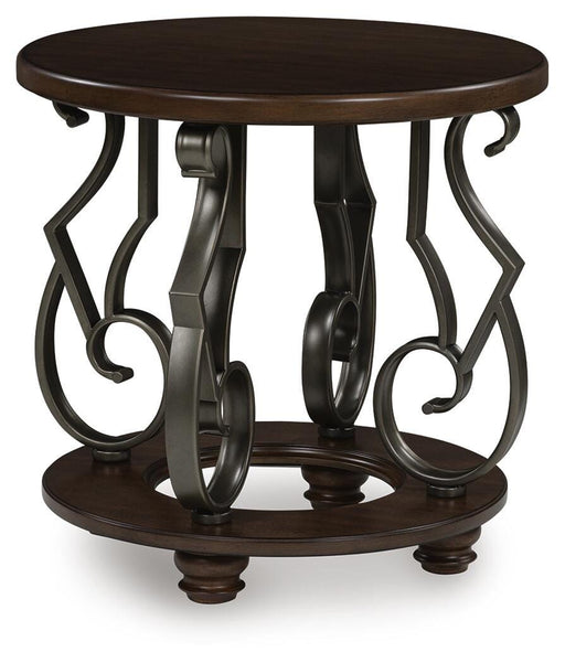 Ashley Furniture Frallyn end table with a dark wood finish and sleek design, shown from an angled side view.