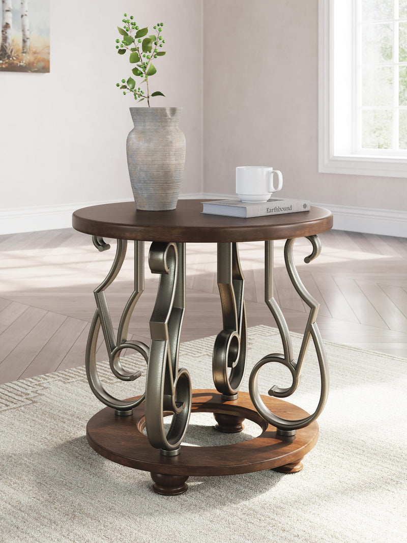 Ashley Furniture Frallyn End Table with wooden top and tapered legs, modern design perfect for living room decor.