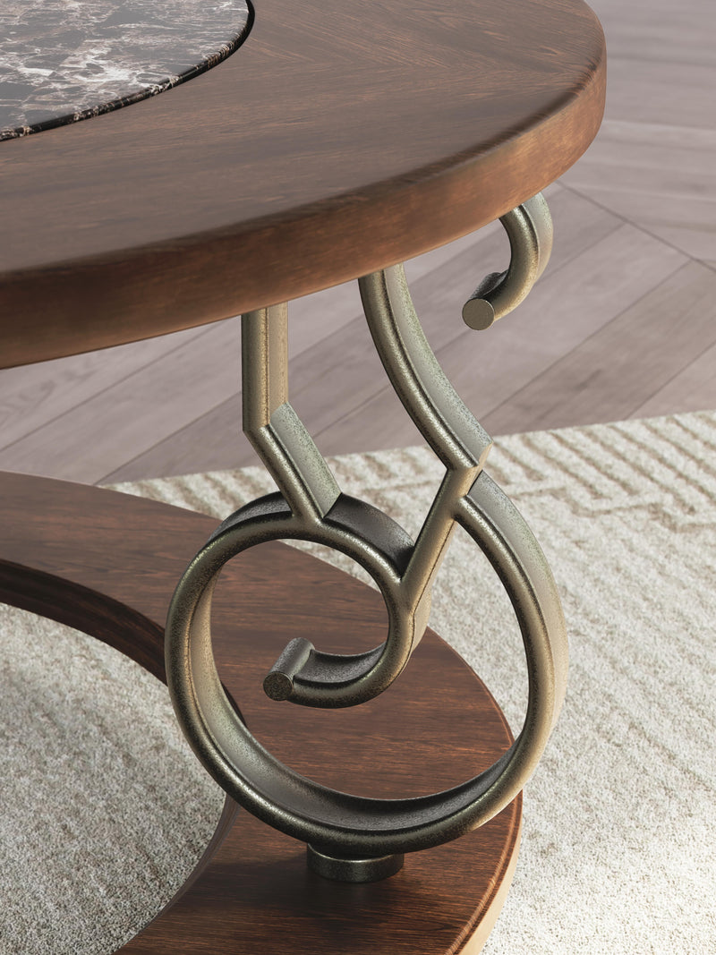Ashley Furniture Frallyn cocktail coffee table with a sleek wooden finish and modern design, shown from a detailed side angle.