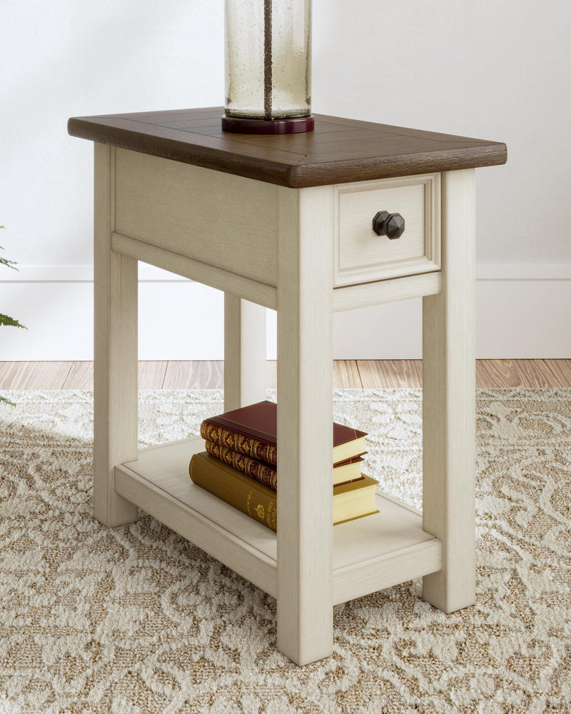 Bolanburg chairside end table by Ashley Furniture with a wooden surface and storage drawer, designed for living room use.
