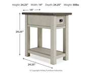 Ashley Furniture Bolanburg chairside end table with wood finish, featuring a compact design and storage shelf.