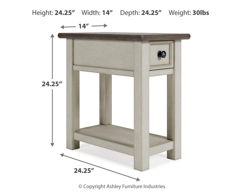 Ashley Furniture Bolanburg chairside end table with wood finish, featuring a compact design and storage shelf.