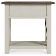Ashley Furniture Bolanburg chairside end table with a dark wood finish and a single open shelf for easy storage.