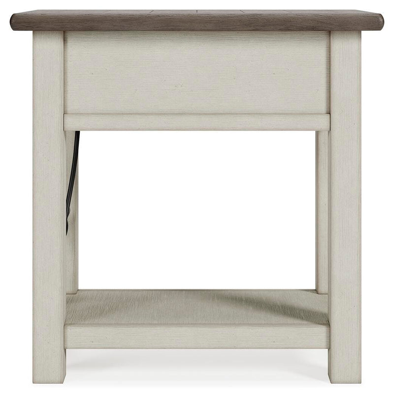 Ashley Furniture Bolanburg chairside end table with a dark wood finish and simple design, shown from a side angle.