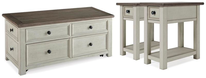 Ashley Furniture Bolanburg occasional table set with three wood tables featuring dark finish and modern design.