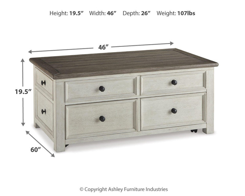 Ashley Furniture Bolanburg coffee table with lift top, modern cocktail table featuring a sleek design and functional storage.
