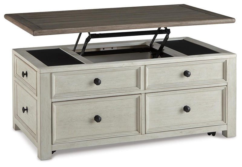 Ashley Furniture Bolanburg coffee table with lift top, showing the open cocktail table with storage and sleek wood finish.