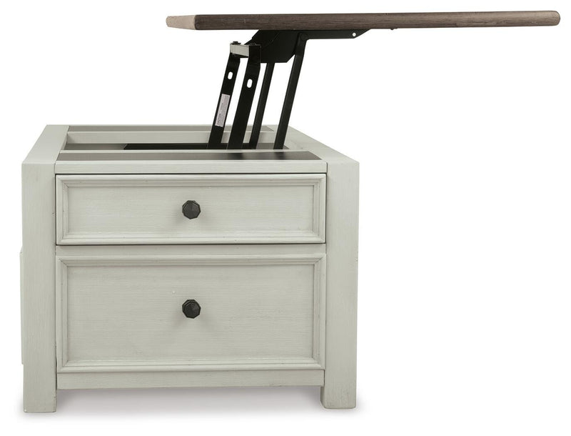 Ashley Furniture Bolanburg coffee table with lift top, featuring a sleek design and spacious storage in a modern living room setting.