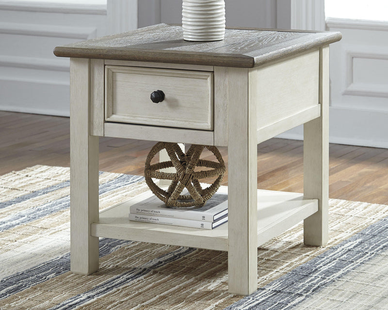 Ashley Furniture Bolanburg Occasional Table Set with three wooden tables featuring sleek, modern designs and warm wood finishes.