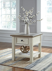 Ashley Furniture Bolanburg End Table with wooden top and tapered legs, ideal for living room or bedroom decor.