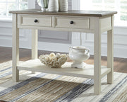 Ashley Furniture Bolanburg end table, console sofa table with wood finish, featuring a sleek rectangular design and storage drawers.