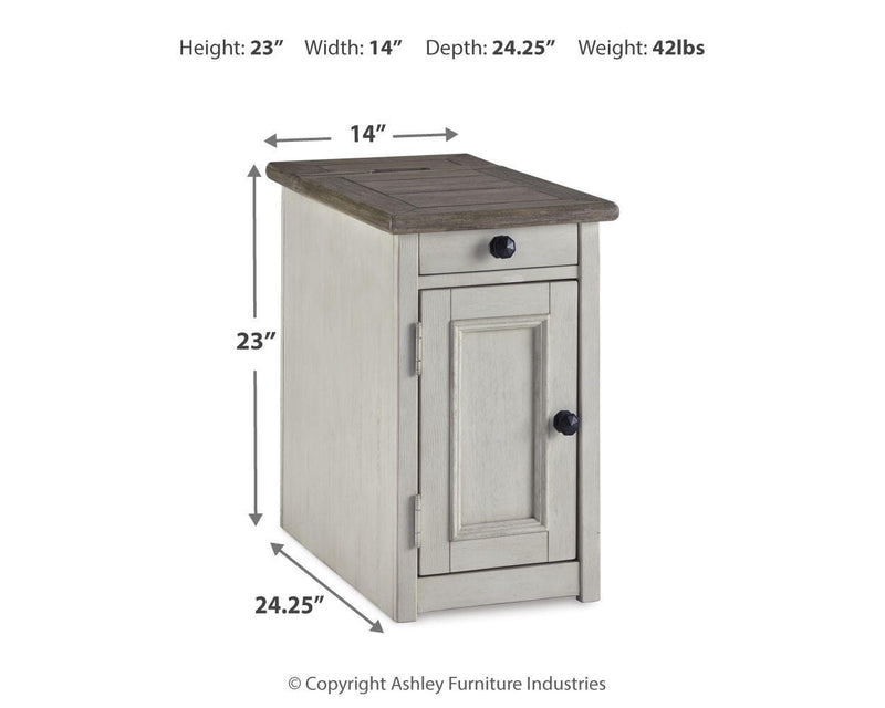 Ashley Furniture Bolanburg chairside end table with USB ports and outlets, featuring a wood finish and compact design.