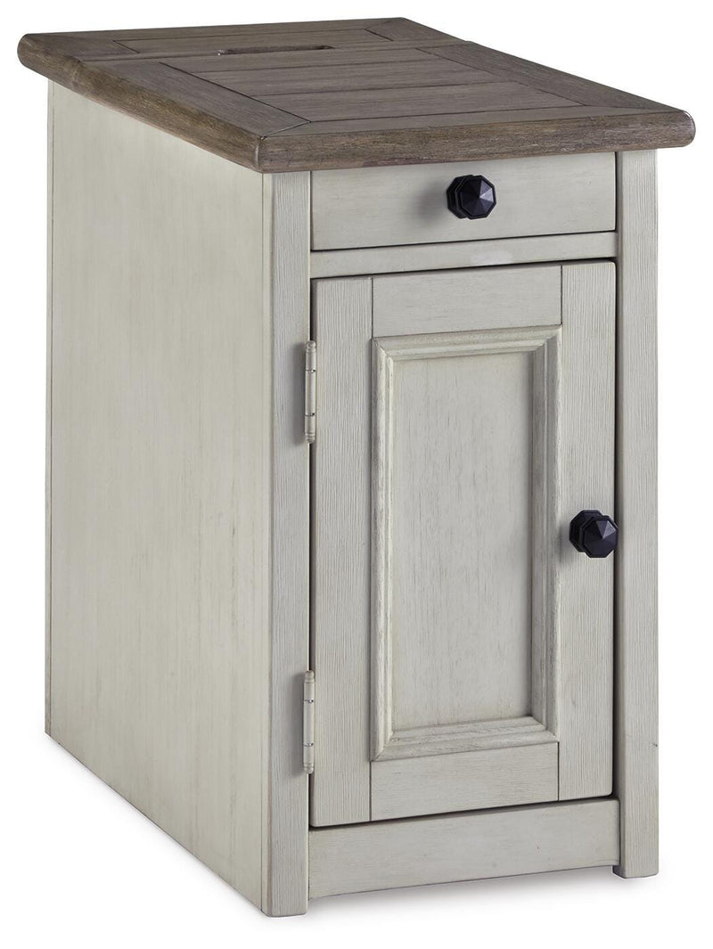 Ashley Furniture Bolanburg chairside end table with USB ports and outlets, featuring a modern wood finish and compact design.