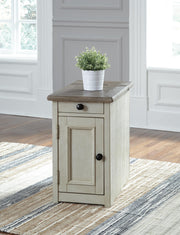 Ashley Furniture Bolanburg chairside end table with USB ports and outlets, featuring a wood finish and modern design.