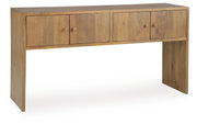 Ashley Furniture Ella Grove Console sofa table with a sleek wood finish and modern design, shown from an angled view.