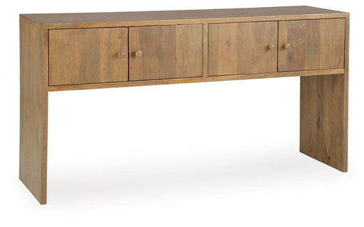 Ashley Furniture Ella Grove Console sofa table with a sleek wood finish and modern design, shown from an angled view.
