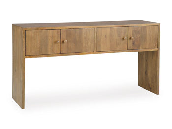 Ashley Furniture Ella Grove Console sofa table with a sleek wooden finish, shown from an angled view.