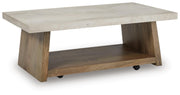 Ashley Furniture Brendalhouse stationary occasional table set with two round tables featuring wooden tops and metal legs.