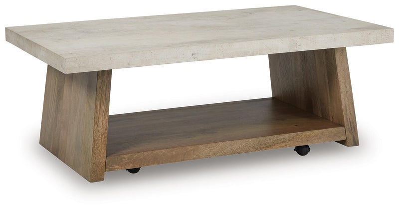 Ashley Furniture Brendalhouse stationary occasional table set with two round tables featuring wooden tops and metal legs.
