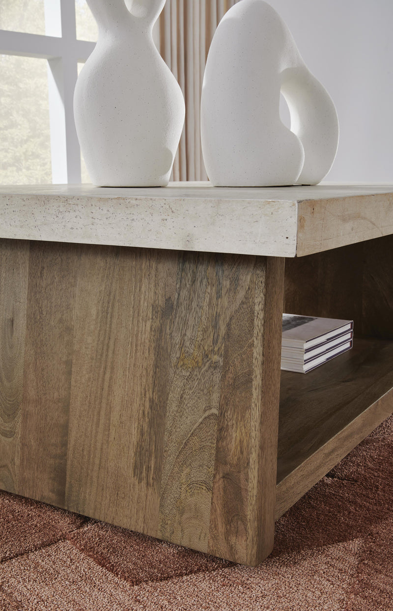 Ashley Furniture Brendalhouse cocktail coffee table with a wooden top and metal legs, featuring a modern design.