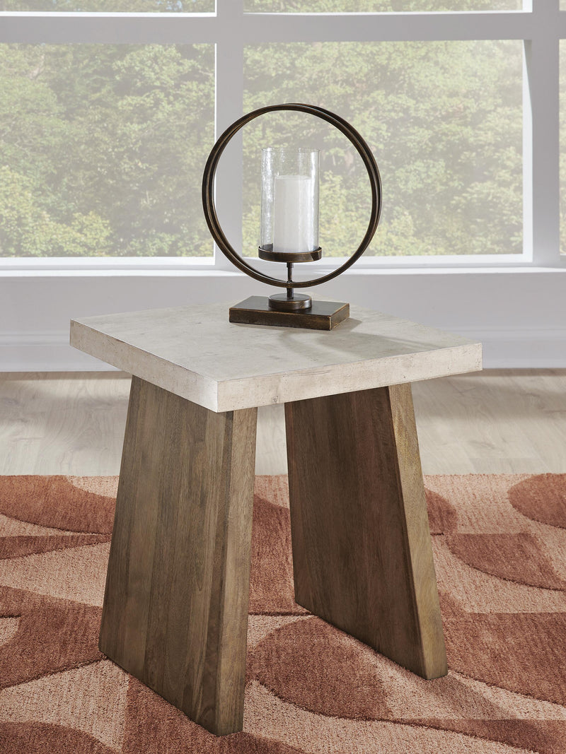 Ashley Furniture Brendalhouse end table with a wooden top and tapered legs, shown in a close-up crop image.