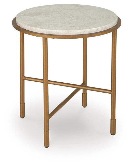 Ashley Furniture Alben End Table with wood finish, shown from an angled view, featuring a sleek tabletop and sturdy legs.