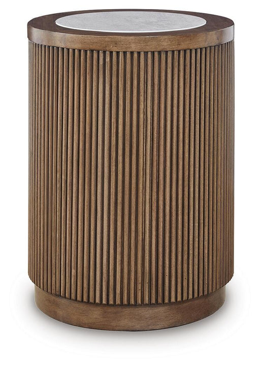 Ashley Furniture Hadonna end table with a sleek wooden surface and modern design, featuring a sturdy base and stylish finish.