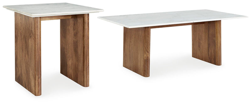 Ashley Furniture Isanti Occasional Table Set with three modern wood tables, featuring sleek designs and natural wood finishes.
