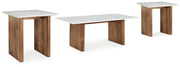Ashley Furniture Isanti occasional table set with three wooden tables featuring sleek modern design and natural wood finish.