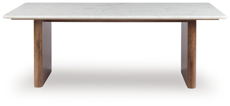 Ashley Furniture Isanti Occasional Table Set with round wood tables featuring sleek metal legs and a modern design.
