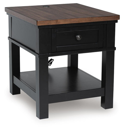Ashley Furniture Wildenauer end table with a sleek wooden surface and angled legs, modern design for living room decor.