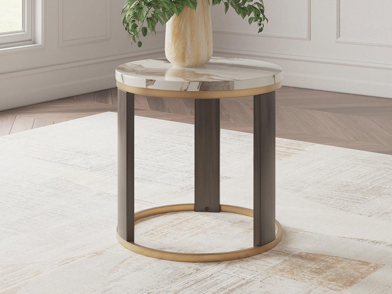 Ashley Furniture Jazmore End Table with wood finish, featuring a sleek design and storage drawer, perfect for living room decor.