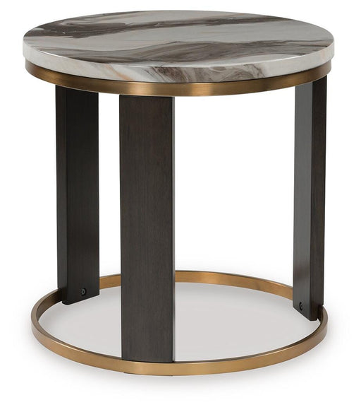 Ashley Furniture Jazmore End Table showing angled view with wood finish and modern design elements.