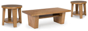 Ashley Furniture Kristiland occasional table set with three wooden tables featuring sleek, modern designs and dark finish.