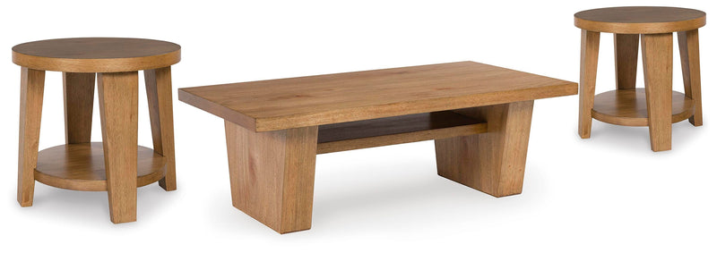 Ashley Furniture Kristiland occasional table set with three wooden tables featuring sleek, modern designs and dark finish.