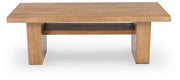 Ashley Furniture Kristiland occasional table set with three modern wood tables and sleek metal legs, shown from a head-on view.