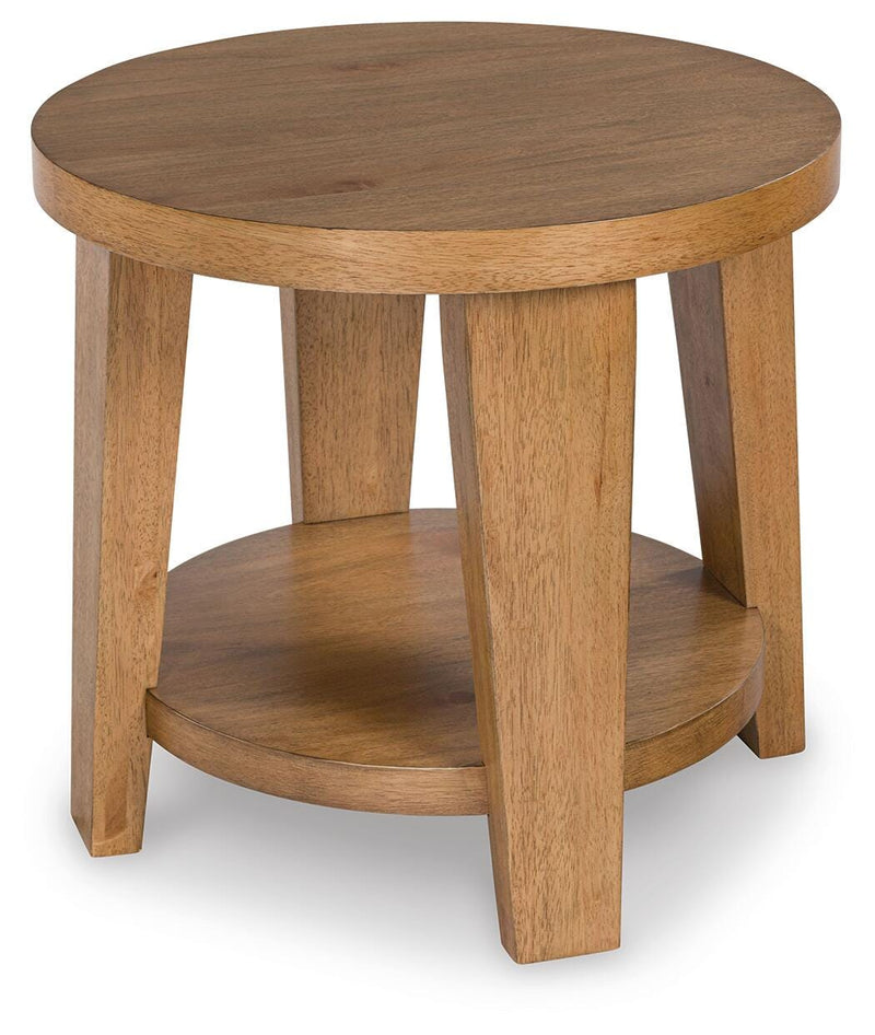 Ashley Furniture Kristiland occasional table set featuring three modern wooden tables with sleek, angled legs.